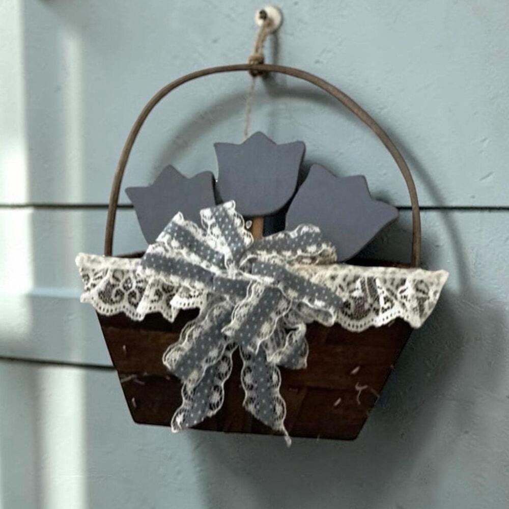Vintage Wooden Tulip Basket Wall Decor | Blue Folk Art Flowers, Country Cottage